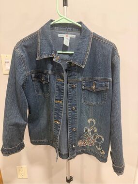 Adolfo Blue Denim Shirt Jacket with Embroidered Floral Stitching Accent